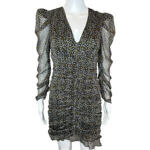 ASTR the Label Mini Dress Ditsy Floral Long Sleeve Ruched Ruffle Hem Black S